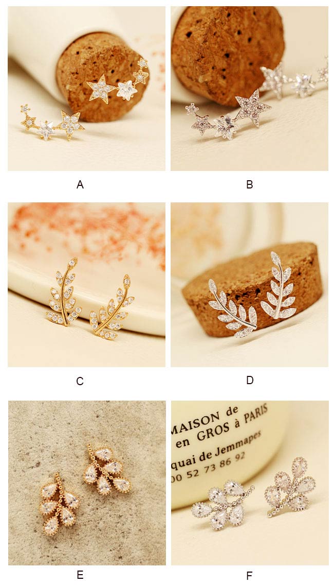 Shining Stars Leaves Diamond Rhinestone Women Fashion Earrings Studs