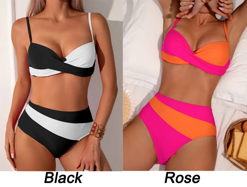 Sexy Cross Contrast Color Underwire High Waist Bathing Suit 2 Piece Tummy Control Swimwear Beach Strap Vacation Women's Bikinis Swimsuits