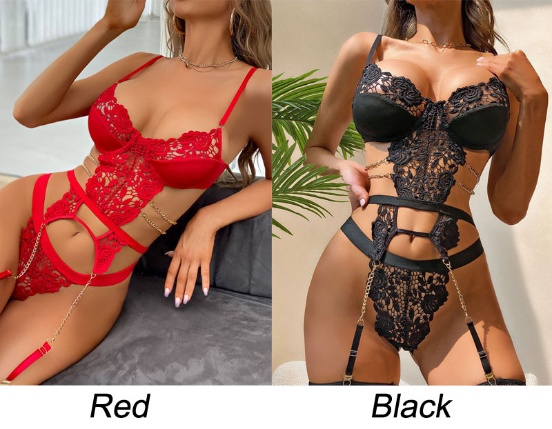 Sexy Hollow Flower Rose Lace Floral Embroidered Chain Garter Belt Bra Panty 2 Piece Set Strappy Underwear Slutty Women's Lingerie