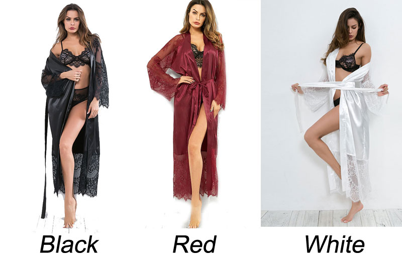 Sexy Hollow Flower Lace Silk Long Sleeve Sheer Gown Dress Bathrobes Kimono Babydoll Nightgown Nightdress Strap Robe Bridal Exotic Lingerie