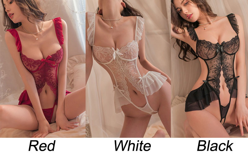 Sexy Bow Embroidery Floral Lace Teddy Corset Leotard Jumpsuit Exotic Nightwear Women's Lingerie Sheer Crotchless Bodysuit 