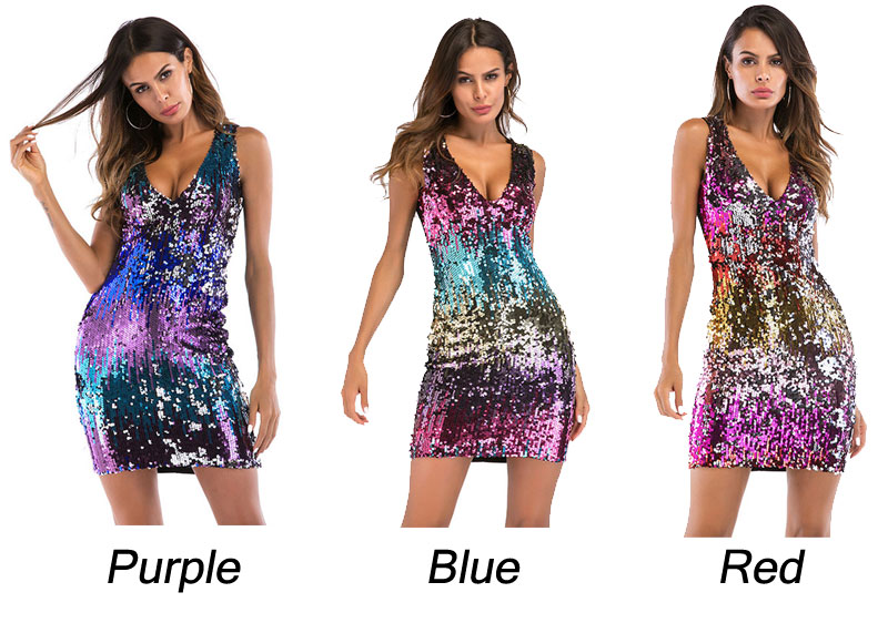 Sexy Sequin Deep V Rainbow Gradient Sleeveless Hip Skirt Short Skirt Evening Slim Dress