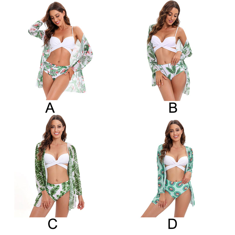Sexy Banana Leaf Flower Kiwi Print Bra Cross Underpant With Mesh Shawl 3 Piece Set High Rise Women's Swimwear Bikinis Bathing Suit Summer Swimsuit