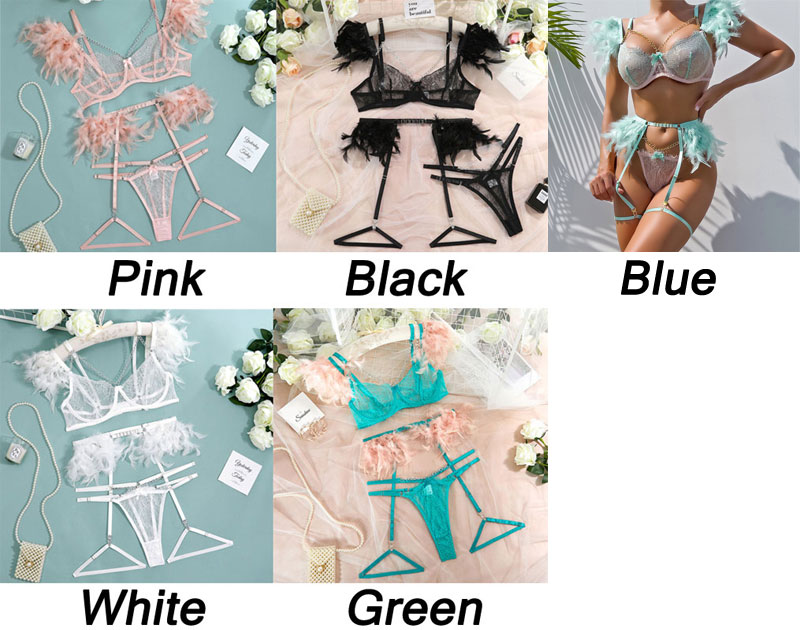 Sexy Feather Hollow Lace Metal Chain Bra Panty Garter Belt Leg Rings Underwear Slutty Naughty Women's Lingerie