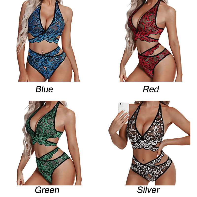 Sexy Criss Cross Contrast Color Flower Lace Bra Panty 2 Piece Set Underwear For Women Lingerie