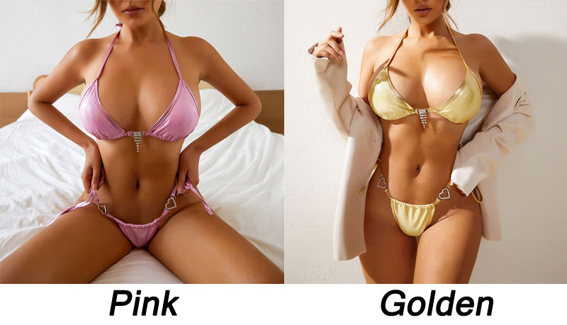 Sexy Sparkly Crystal Love Heart Halter Bathing Suit 2 Piece Set Swimsuits Beach Strap Vacation Triangle Swimwear Women's Bikinis