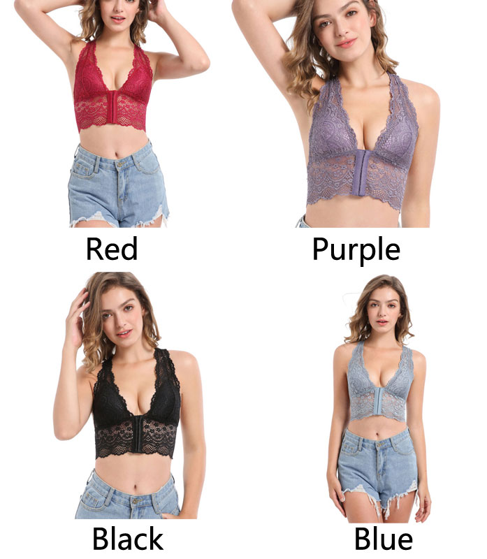 Sexy Lace Front Closure Halter Bra Vest Crop Top Tank Bralette Camisole Bustier Lingerie