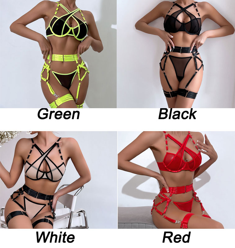 Sexy Cross Leg Ring Garter Belt Bra Panty 3 Piece Set Underwire Push Up Underwear Slutty Erotic Sheer Clubwear Women's Lingerie