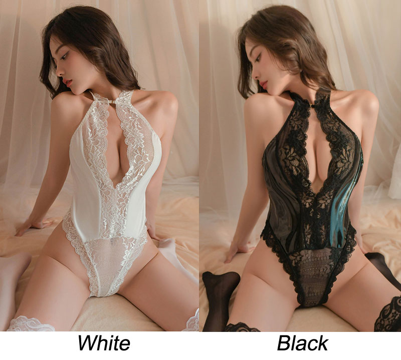 Sexy Deep V Lace Splice Leather Leotard One Piece Halter Teddy Women's Lingerie Exotic Bodysuit 