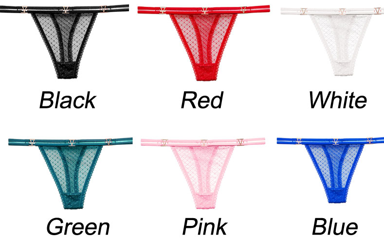 Sexy Metal Decor Thin Polka Dot Sheer Lace Temptation Panties Naughty Briefs Women's Underwear Thong T-Back Lingerie Erotic Underpants