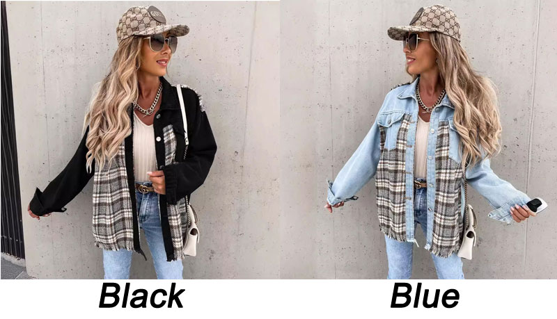 Trendy Spring Autumn Outfits Oversized Denim Patchwork Plaid Jacket Women's Clothes Outwear Coat Loose Tops