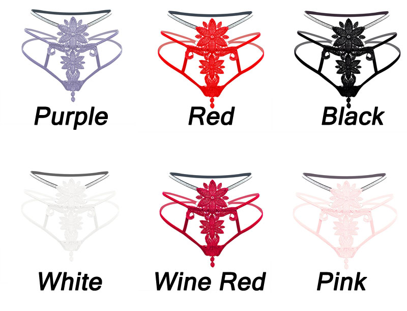 Sexy Sparkly Thin Strap Flower Embroidery Tassel Crotchless Thin Panties Briefs T-Back Lingerie Erotic Slutty Underpants Women's Thong 