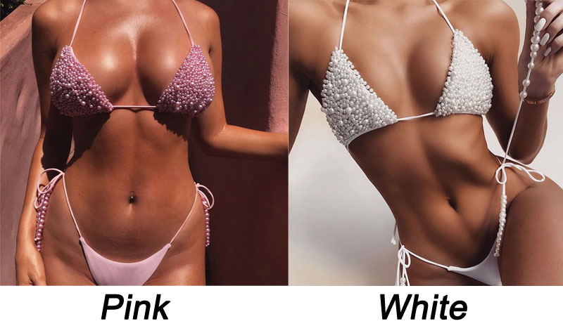 Sexy Pearl Low Rise Halter Bathing Suit 2 Piece Swimwear Beach Vacation Triangle Women's Bikinis Summer Swimsuits