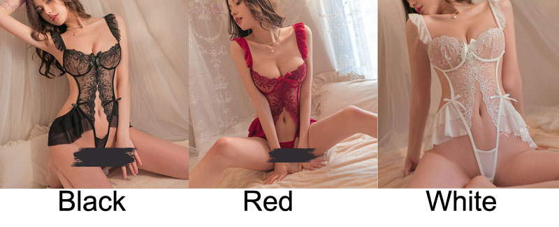 Sexy Lace Embroidery Ruffle Crotchless Bowknot Mini Chemise Nightwear Teddy Leotard Jumpsuit Bodysuit Erotic Womens Lingerie