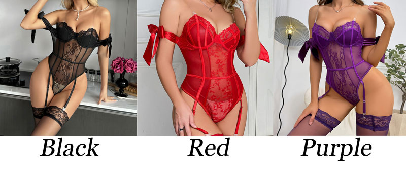 Sexy Lace Mesh Shoulderless Bowknot Underwire Nightwear Teddy Corset Leotard Boudoir Outfits Erotic Women's Lingerie Bodysuit 