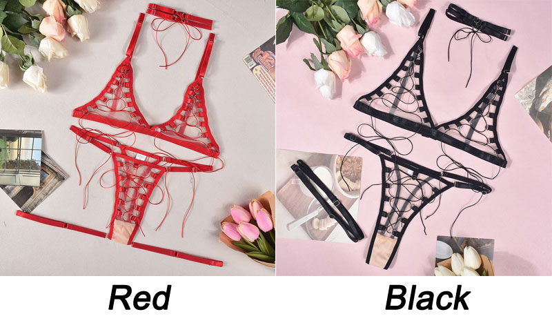 Sexy Thin Mesh Cross See Through Choker Leg Ring Bralette Panty 4 Piece Set Underwear Slutty Erotic Women's Lingerie