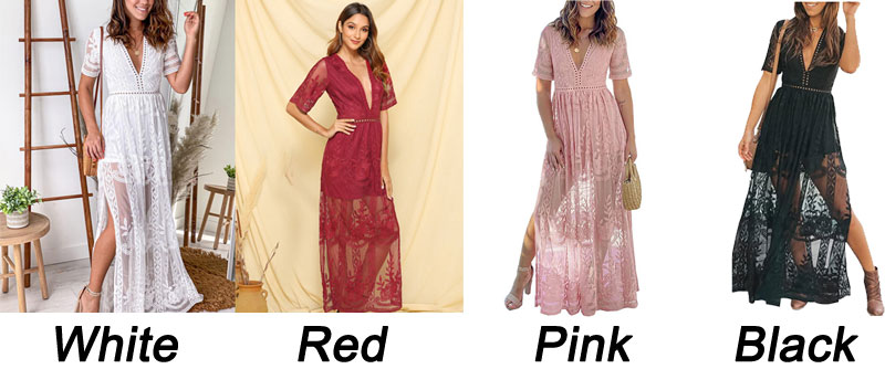 Summer Floral Embroidery Sheer Short Side Slit Deep V-Neck Lace Bridesmaid Evening Party Prom Beach Long Maxi Dress