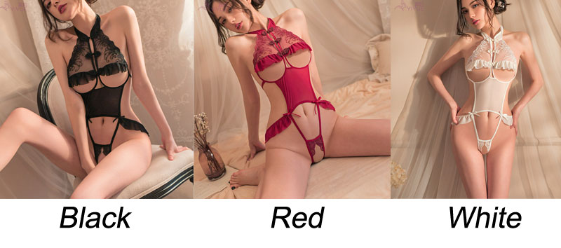 Sexy Lace Cheongsam Crotchless Show Breasts Mesh Leotard One Piece Halter Teddy Naughty Nightwear Women's Lingerie Exotic Bodysuit