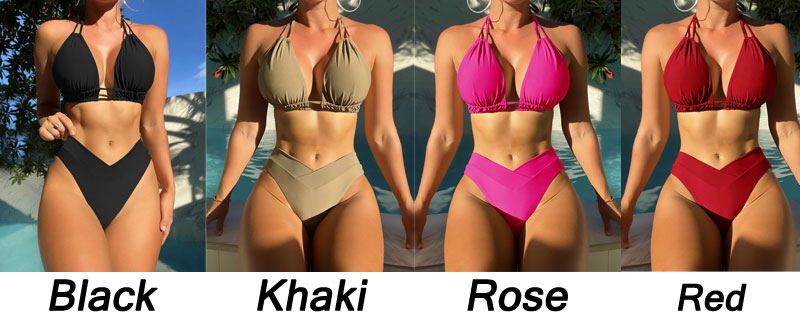 Sexy Deep V Drawstring Pure Color Bathing Suit 2 Piece Beach Strap Vacation Triangle Women's Bikinis Plus Size Halter Swimsuits