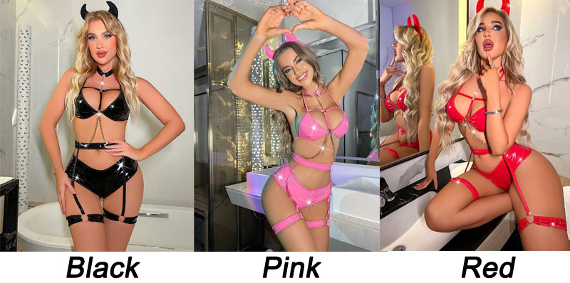 Sexy Faux Leather Cosplay Choker Halter Chain Bra panty Garter Belt Leg Ring Erotic Womens Lingerie