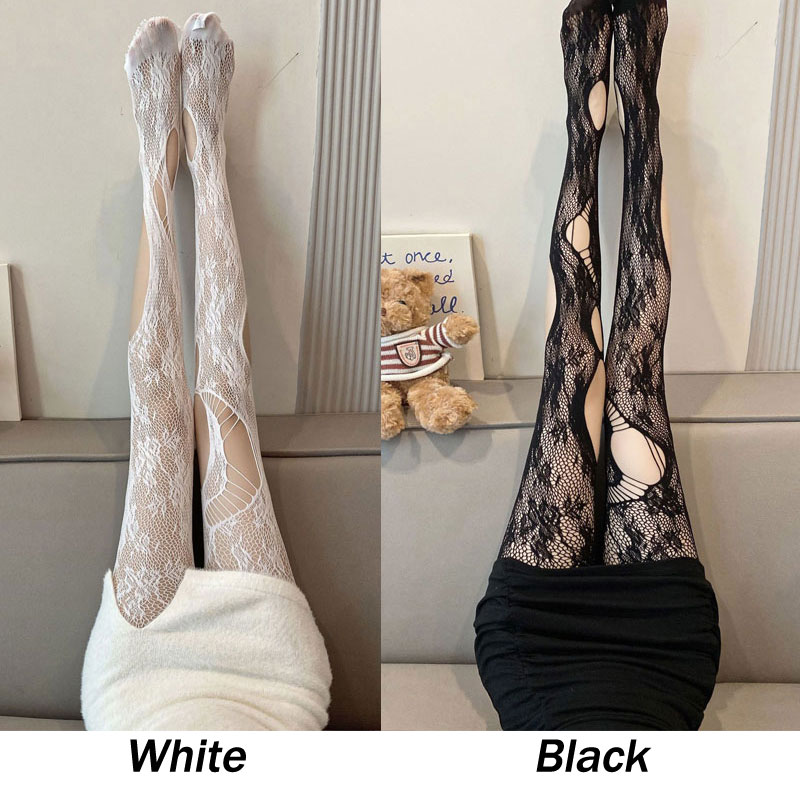 Sexy Ripped Hollow Pantyhose Fishnet Roses Asymmetrical Design Leggings Socks Elastic Stocking Women's Pantyhose