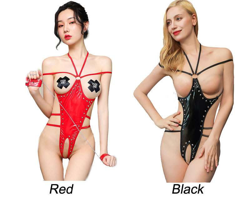 Sexy Glossy Patent Leather Rivet Chain Crotchless Bare Breasts Leotard Halter Teddy Bondage Bodysuit Women's Lingerie