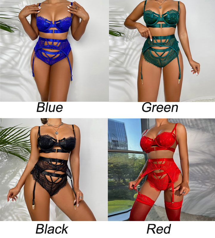 Sexy Lace Splicing Complex Strap Underwear Underwire Bra Panty Garter Belt 3 Piece Set Naughty Exotic Women's Lingerie