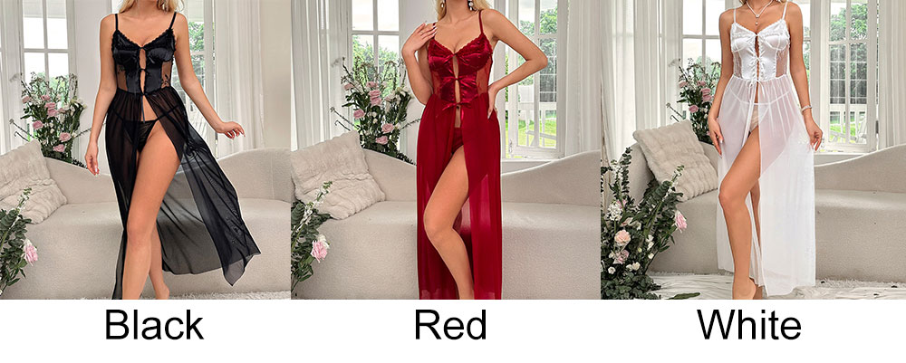 Sexy Mesh See Through Lace Robe Long Gown Tie-Front Open Front Nightgown Women's Erotic Lingerie Exotic Loungewear Nightie Bridal Maxi Nightdress