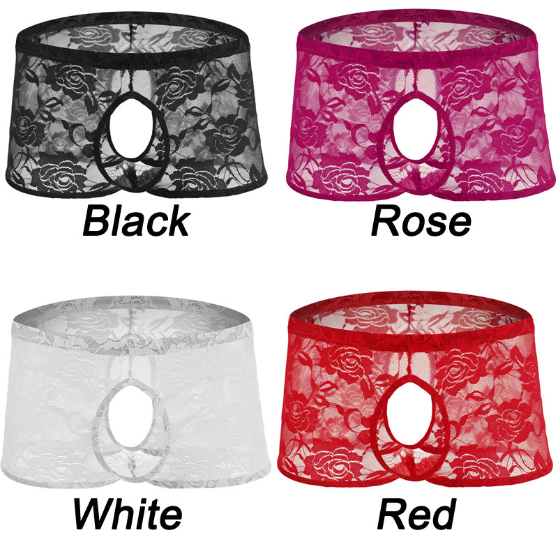 Sexy Flower Rose Lace Hollow Hole Expose Penis Anus Men's Lingerie Panty Sissy Crossdress Underpants Breathable Boxers Briefs