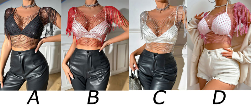 Sexy Rhinestone Fishnet Tassel Tops Tank Bralette Shirt Women's Vest Party Sleeveless Beach Rave Party Body Chain Crop Tops