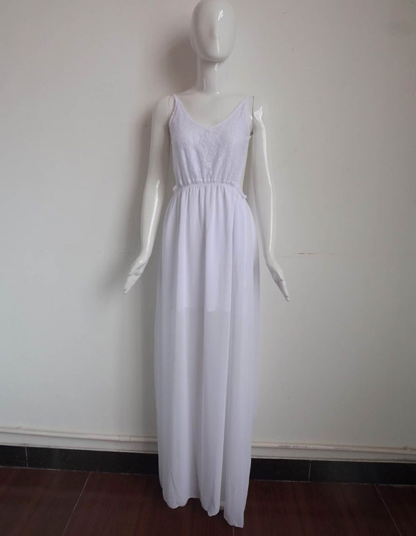 White Backless Lace Chiffon Long Dress