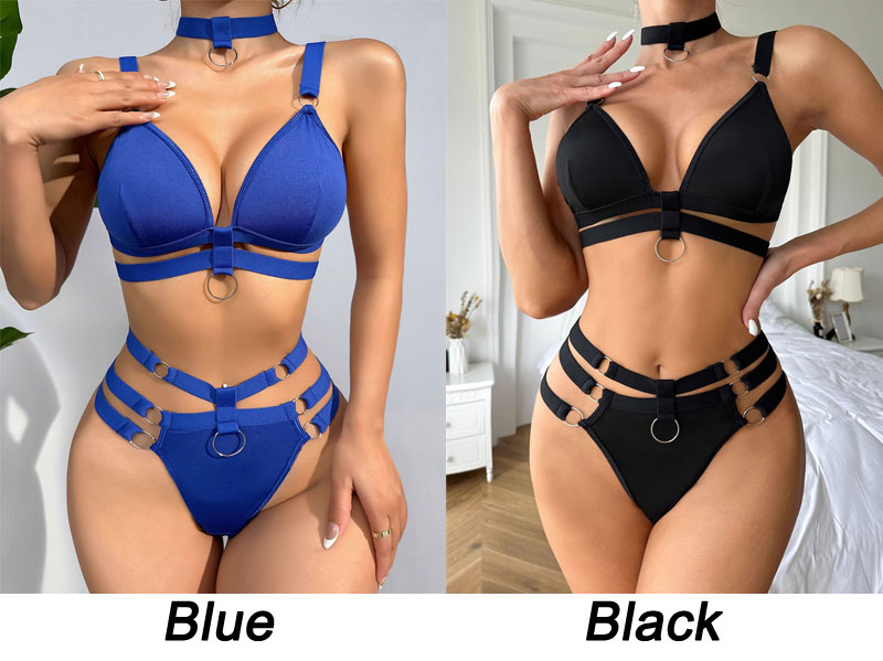 Sexy Metal Ring High Rise Bra Panty 2 Piece Set Choker Underwear Slutty Naughty Erotic Clubwear Women's Lingerie