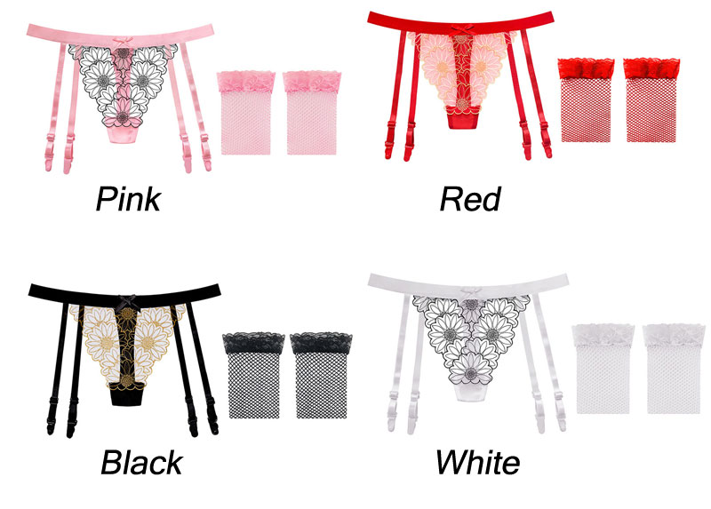 Sexy Daisy Flower Underwear Bowknot Garter Belt With Stocking Thigh High Lace Top Tights Lingerie Hosiery Elastic Socks Sheer Women's Stocking 