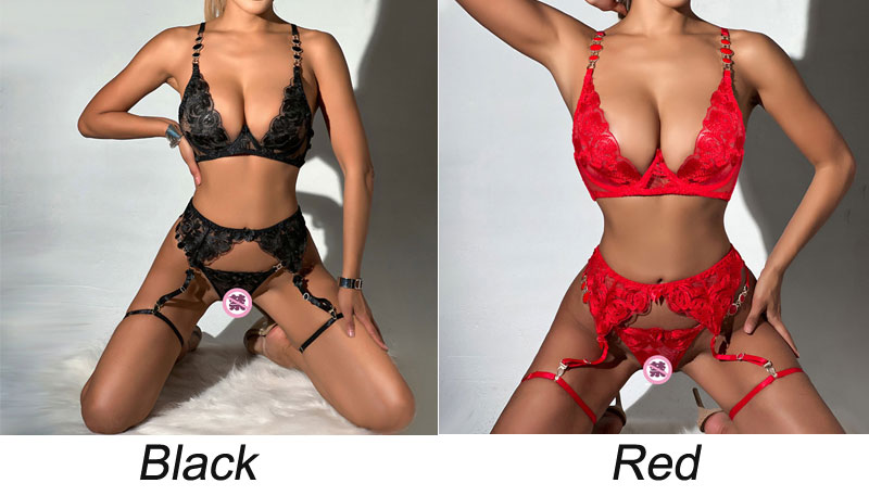 Sexy Mesh Floral Embroidered Sheer Flower Lace Underwire Bra Panty Garter Belt 3 Piece Set Underwear Naughty Women's Lingerie