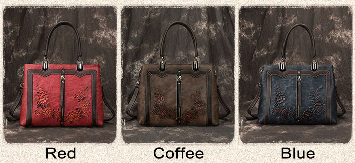 Vintage 3D Flower Vertical Zipper Women Handmade Leather Handbag Shoulder Bag