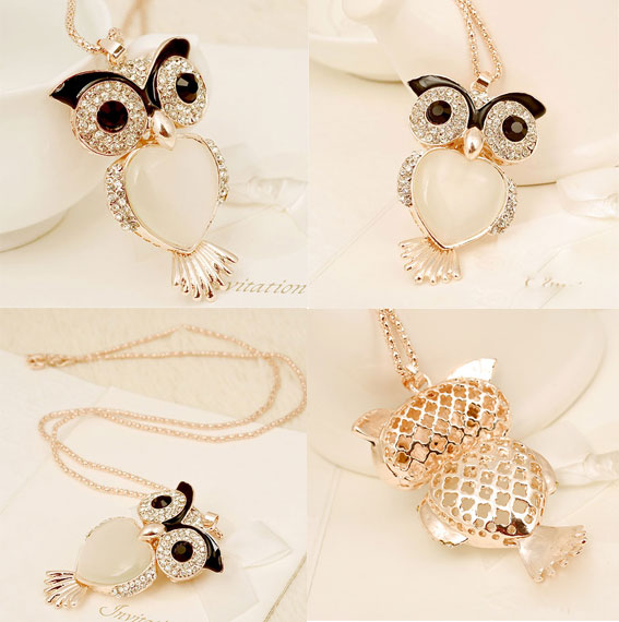 Flash Owl Heart Opal Long Rhinestone Necklace