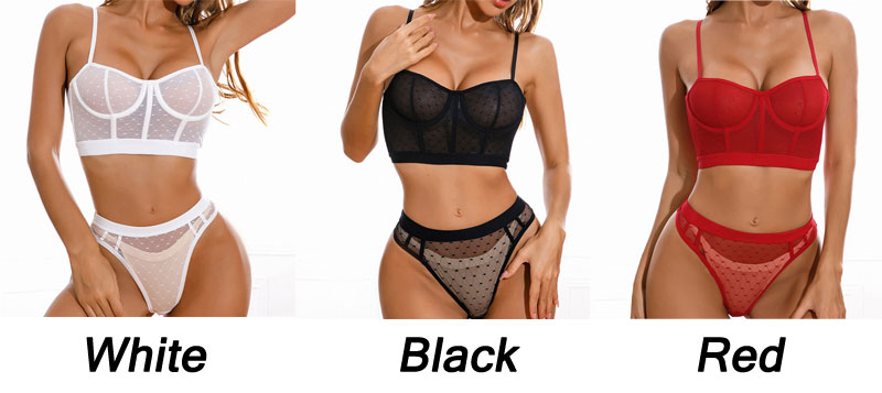Sexy Sheer Mesh Thin Dot Perspective Camisole Panty 2 Piece Set Underwear Slutty Erotic Strappy Women's Lingerie
