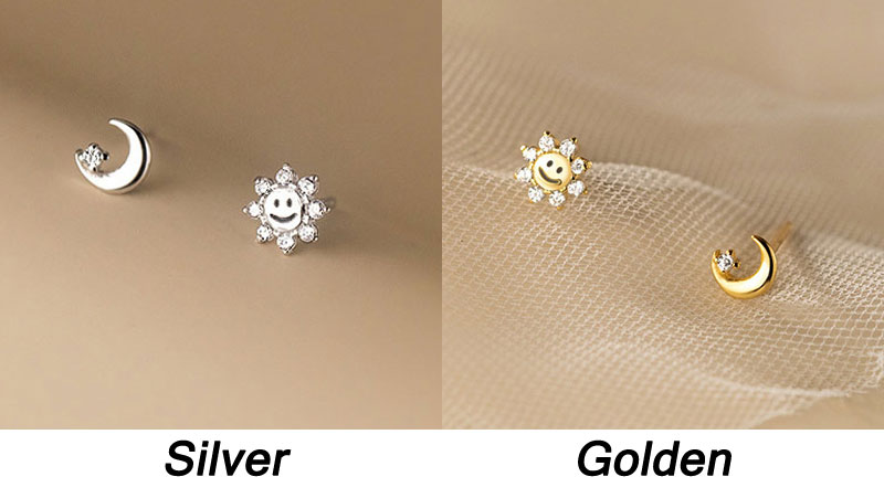 Dainty Smiley Face Moon Sun Diamond Asymmetrical Accessory Gifts For Teen Girl Silver Women's Earrings
