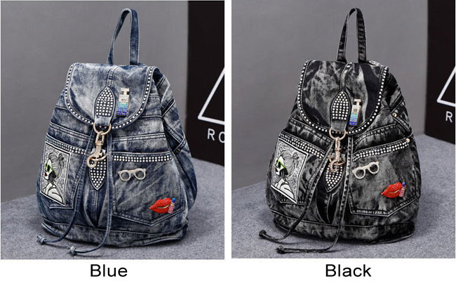 Retro British Flash Drilling Glasses Lips Perfume Single Buckle Denim Student Backpack