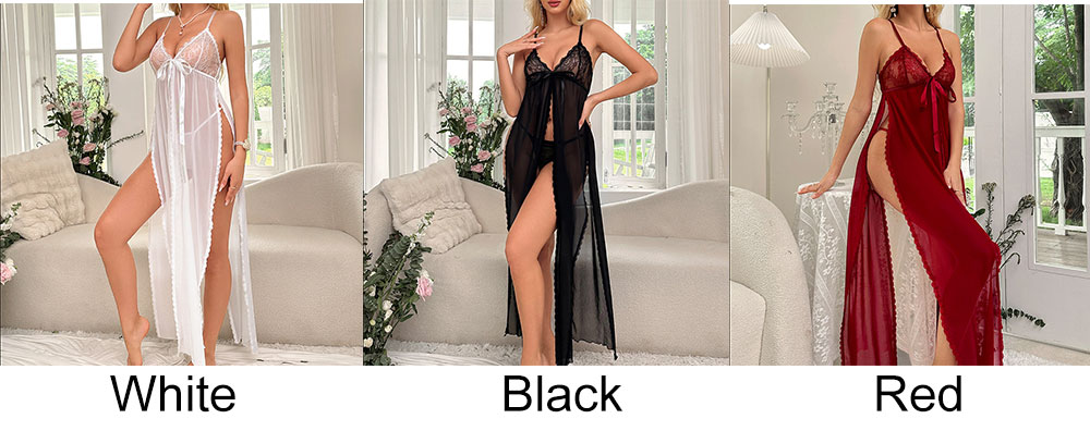 Sexy Mesh Bowknot Front Slit Long Nightgown with Spaghetti Straps Robe Women's Erotic Lingerie Bridal Maxi Nightdress