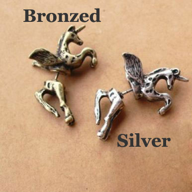 Retro Punk Horse Bronzed Silver Pegasus Earring Studs