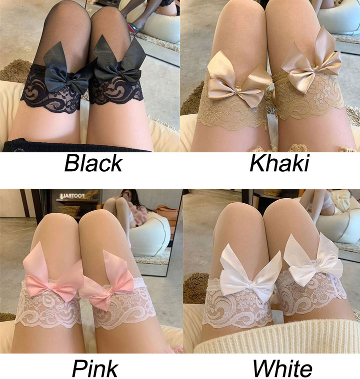 Sexy Bow Lace Top Thin Sheer Tights Leggings Socks Anti-slip Thigh High Over Knee Pantyhose Elastic Lolita Women's Stocking 