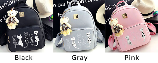 Cute Cartoon Cats Printing PU Backpack Gift Shoulder Bag Leisure School Zippered Backpack 