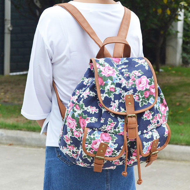 Folk Colorful Flowers Printing Backpack Splicing PU Two Pockets Floral Girl's Canvas Backpack 