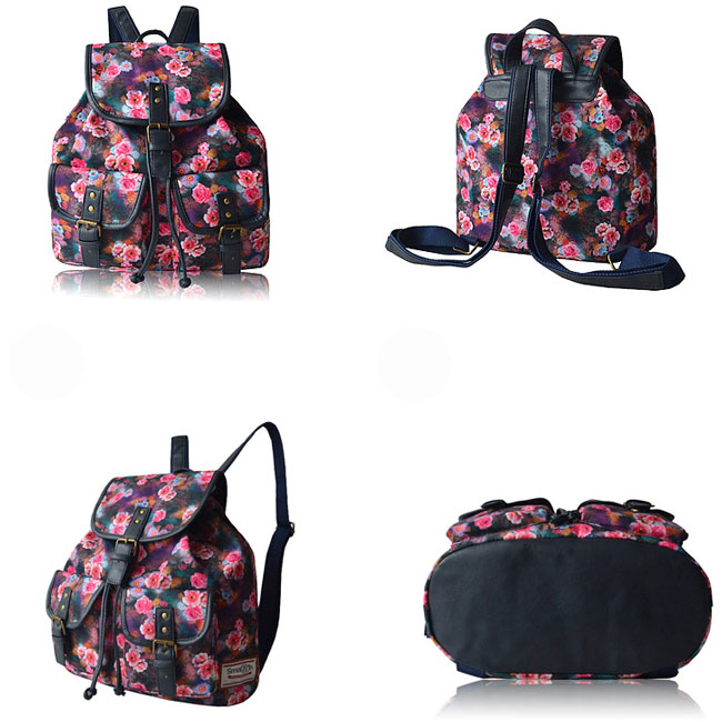 Folk Colorful Flowers Printing Backpack Splicing PU Two Pockets Floral Girl's Canvas Backpack 