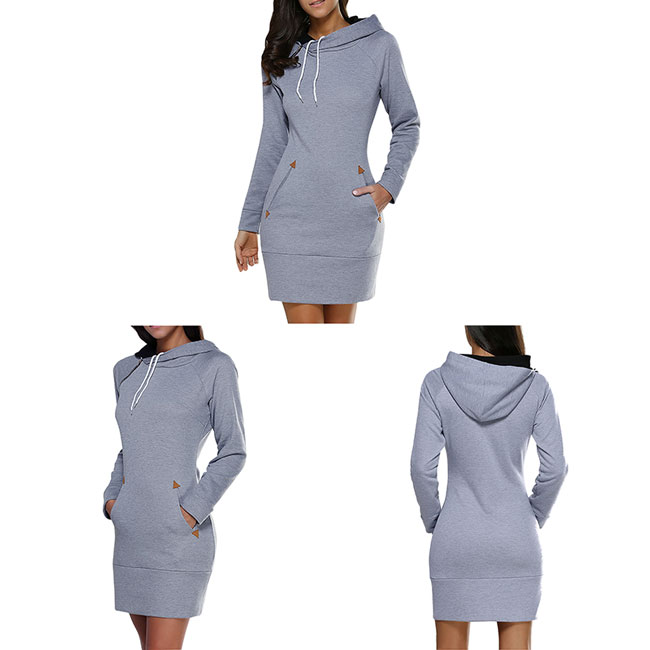Pure Color Hooded Pullover Silm Long Sleeves Women Autumn Sweater Dress