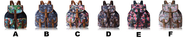 Folk Colorful Flowers Printing Backpack Splicing PU Two Pockets Floral Girl's Canvas Backpack 