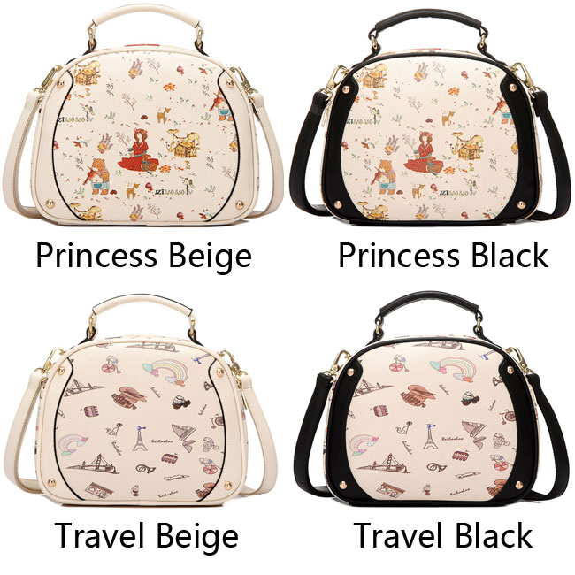 Sweet Black Beige Cute Lady Bag Cartoon Princess Printing Shoulder Bags