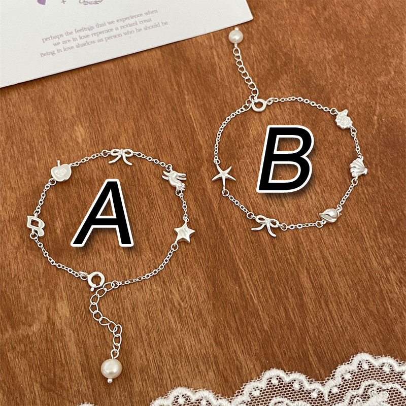 Dainty Apple Pearl Music Note Rabbit Star Bowknot Shell Starfish Conch Valentine's Day Gifts Jewelry Wristband Accessory Silver Bracelet