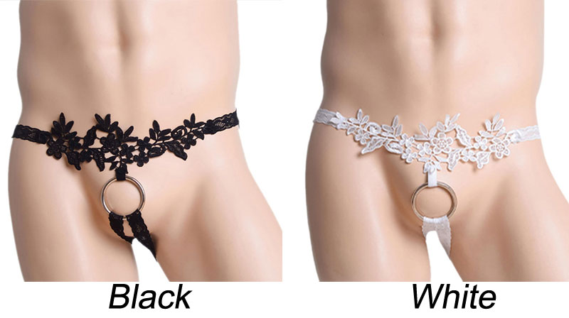 Sexy Flower Leaf Embroidery Lace Metal Ring Hollow G-string T-back Trunks Clubwear Underwear Sissy Men's Lingerie Underpants Thong